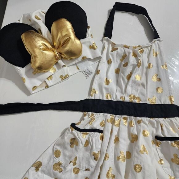 Disney Girls Chef Cooking Baking Apron & Minnie Mouse Ears Hat Set Gold Metallic - Picture 2 of 16